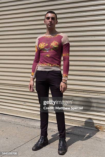 Kelvin Goncalves is seen attending the Nick Graham, Kenneth Ning & John Elliott presentations wearing a vintage outfit with John Varvatos shoes...