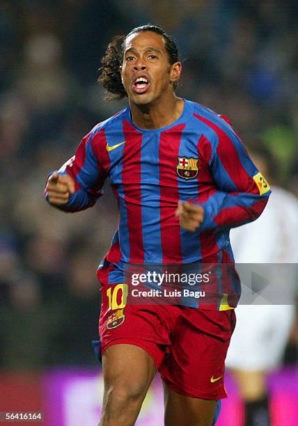 Ronaldinho of Barcelona celebrates his goal during the Primera Liga match between Barcelona and Sevilla on December 11, 2005 at the Camp Nou stadium...