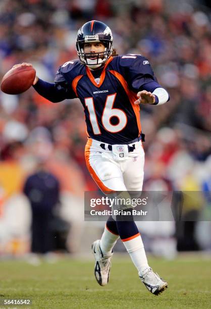 Quarterback Jake Plummer of the Denver Broncos gives fullback Kyle Johnson a second look to connect for a touchdown in the second half on December...