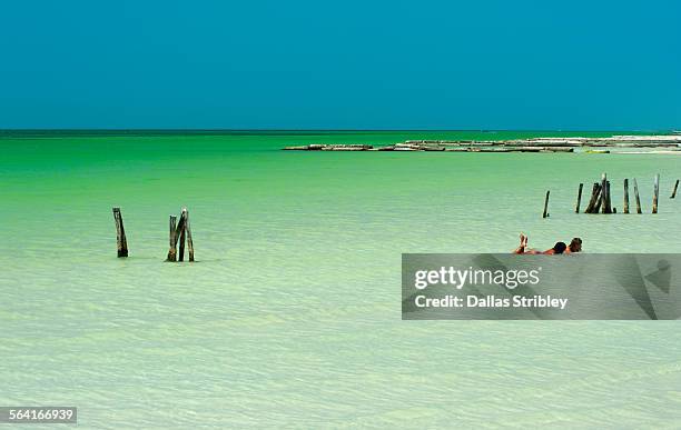 young women relax in the shallows of holbox island - holbox island stockfoto's en -beelden