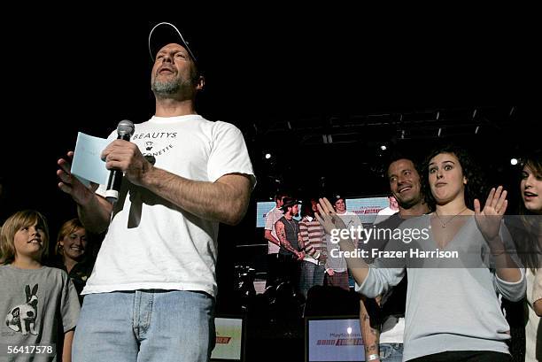 Bruce Willis, Johnny Messner, Rumer Willis and Scout Willis are seen onstage during Playstation BANDtogether, a benefit presented by Sony Computer...