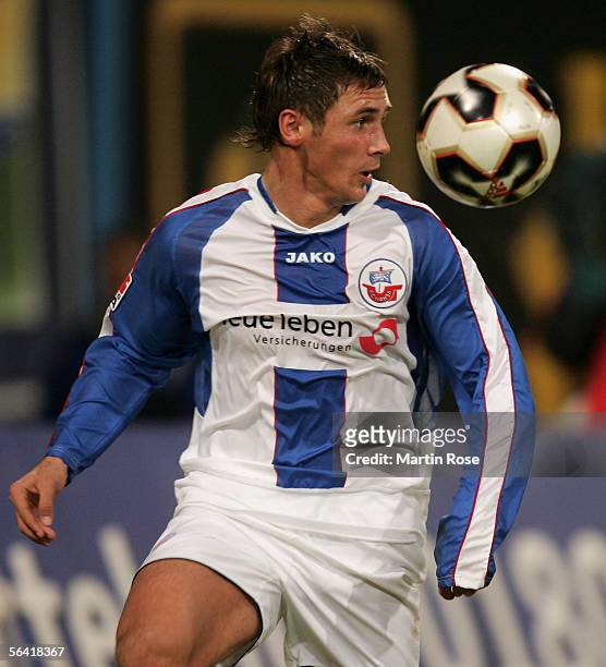Marcel Schied of Rostock in action during the Second Bundesliga match between Hansa Rostock and Greuther Furth at the Ostsee Stadium on December 9,...
