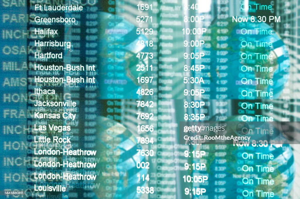Destination board information at airport, overlaid onto four globes