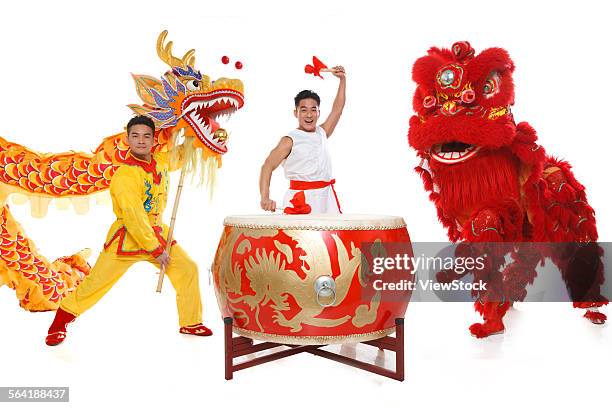 the dragon and lion dance - bedug stock pictures, royalty-free photos & images