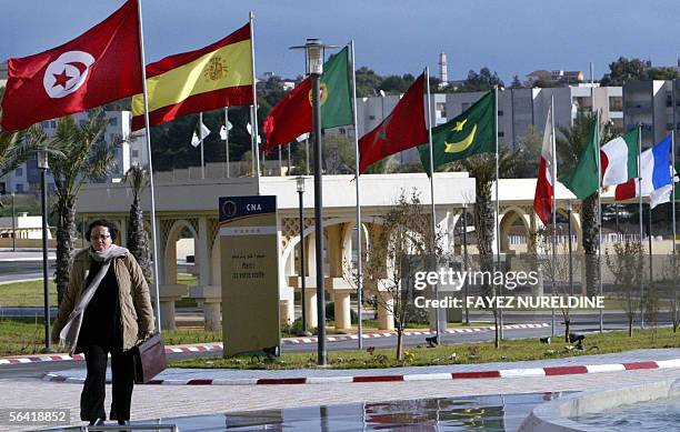 Woman walks past state flags of Defence ministers delegations taking part in the "Meeting of the Ministers of defence of the Initiative 5+5" in...