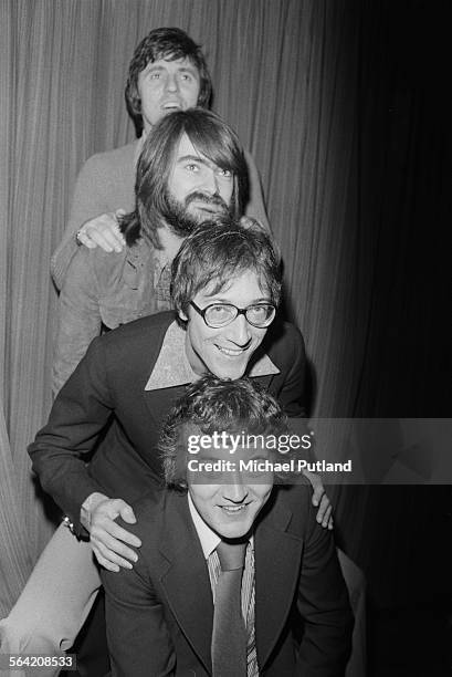 Members of British instrumental rock group The Shadows, January 1975. Top to bottom: rhythm guitarist Bruce Welch, guitarist John Farrar, lead...