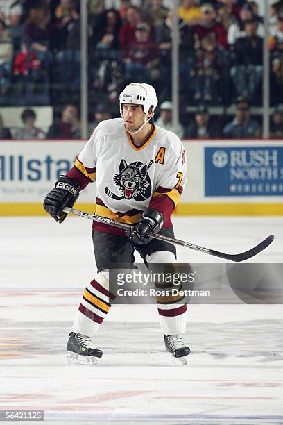 Mark Popovic of the Chicago Wolves skates during the game against the Milwaukee Admirals at Allstate Arena on November 19, 2005 in Rosemont,...