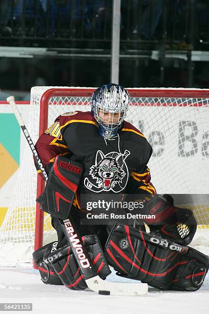 Goaltender Jani Hurne of the Chicago Wolves blocks the puck during the game against the Milwaukee Admirals at Allstate Arena on November 19, 2005 in...