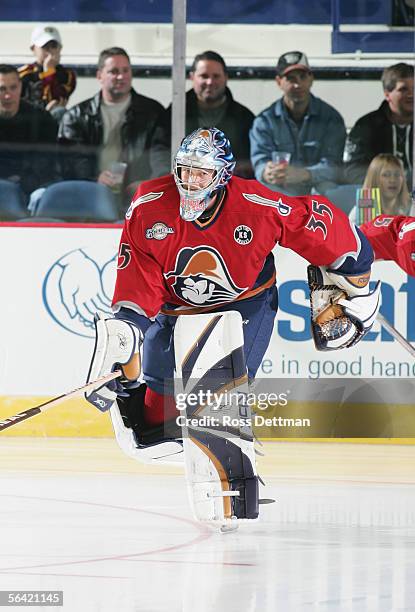 Pekka Rinne of the Milwaukee Admirals moves on the ice before the game against the Chicago Wolves at Allstate Arena on November 19, 2005 in Rosemont,...