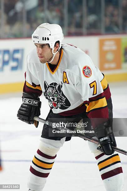 Mark Popovic of the Chicago Wolves waits on the ice during the game against the Milwaukee Admirals at Allstate Arena on November 19, 2005 in...