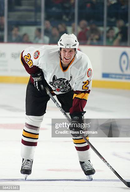 Braydon Coburn of the Chicago Wolves waits on the ice during the game against the Milwaukee Admirals at Allstate Arena on November 19, 2005 in...