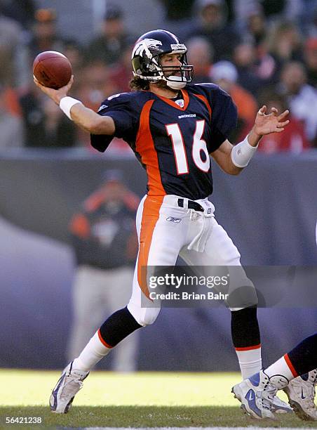 Quarterback Jake Plummer of the Denver Broncos passes the ball against the Baltimore Ravens during the game on December 11, 2005 at Invesco Field at...