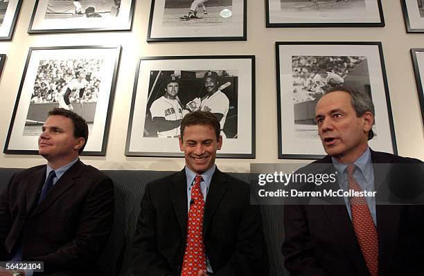 Red Sox CEO/President Larry Lucchino introduces Co-General Managers Ben Cherington and Jed Hoyer December 12, 2005 at a press conference at Fenway...