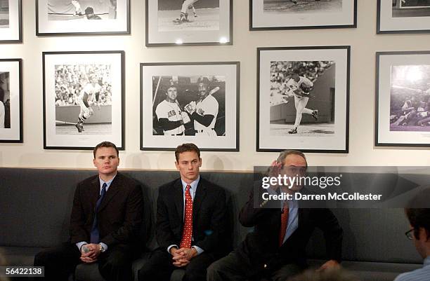 Red Sox CEO/President Larry Lucchino listens to a question as he announces new Co-General Managers Ben Cherington and Jed Hoyer December 12, 2005 at...