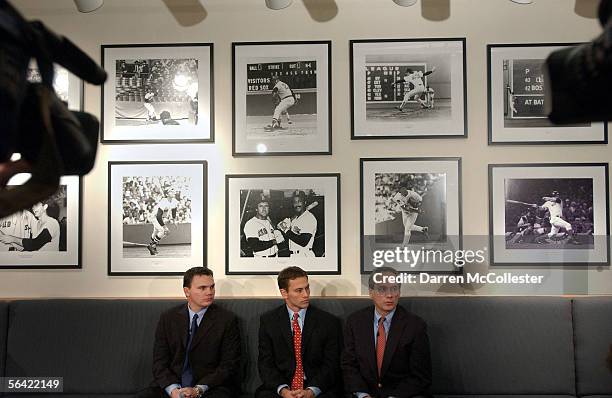 Red Sox CEO/President Larry Lucchino announces new Co-General Managers Ben Cherington and Jed Hoyer December 12, 2005 at a press conference at Fenway...