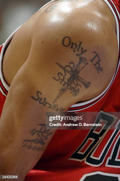 The tattoo belonging to Tyson Chandler of the Chicago Bulls during the game against the Los Angeles Lakers on November 20, 2005 at Staples Center in...