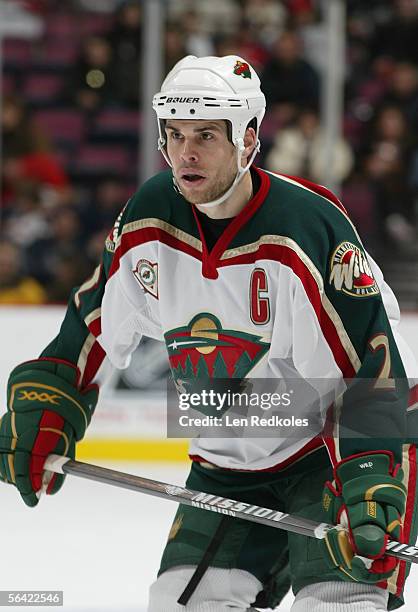 Willie Mitchell of the Minnesota Wild skates against the New Jersey Devils during their NHL game at Continental Airlines Arena on December 3, 2005 in...