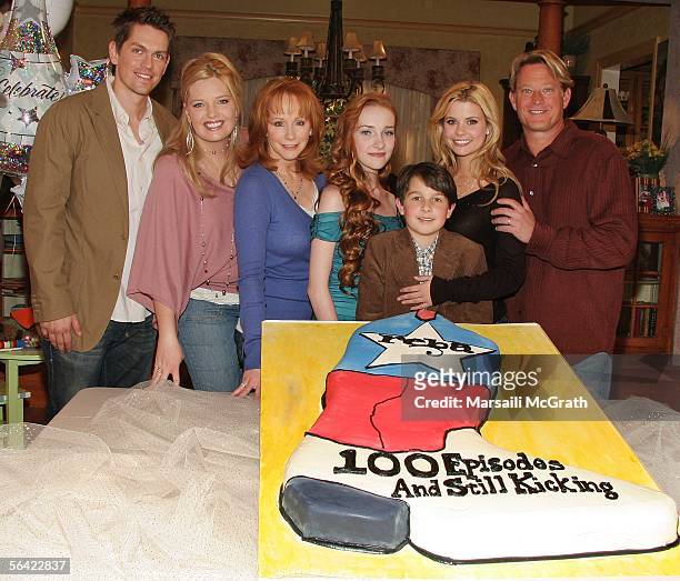 Steve Howey, Melissa Peterman, Reba McEntire, Joanna Garcia, Mitch Holeman, Scarlett Pomers and Christopher Rich from the cast of "Reba" attend a...