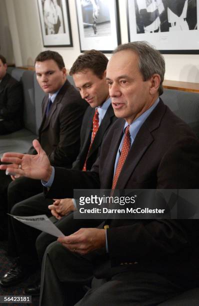 Red Sox CEO/President Larry Lucchino announces new Co-General Managers Ben Cherington and Jed Hoyer December 12, 2005 at a press conference at Fenway...