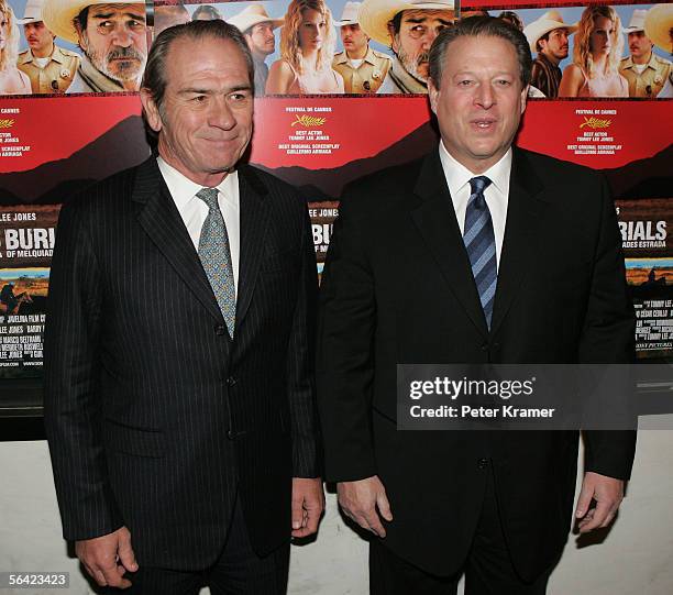 Actor Tommy Lee Jones and former Vice President Al Gore attend the premiere of "The Three Burials of Melquiades Estrada" at the Paris Theatre on...