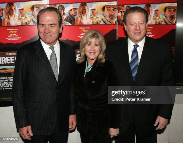 Actor Tommy Lee Jones, Tipper Gore and Former Vice President Al Gore attend the premiere of "The Three Burials of Melquiades Estrada" at the Paris...