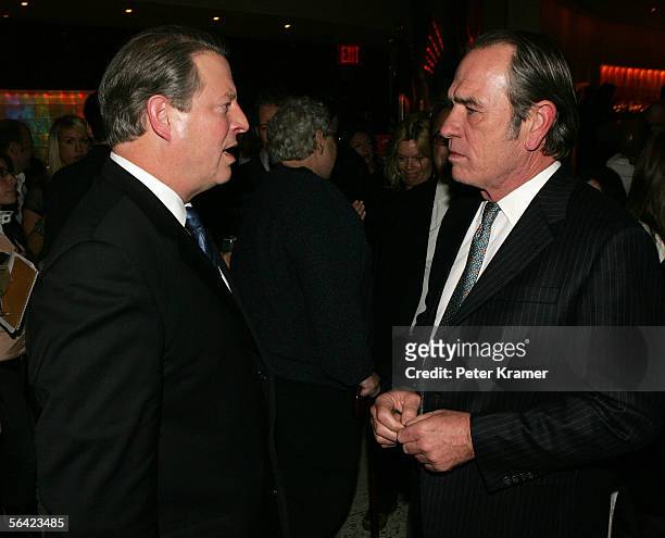 Former Vice President Al Gore and actor Tommy Lee Jones talk at the afterparty for the premiere of "Three Burials Of Melquiades Estrada" December 12,...