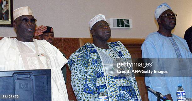 Nigerian President Olusegun Obasanjo attends a meeting with stakeholders on the country's ramshackle aviation industry with Vice-president Atiku...