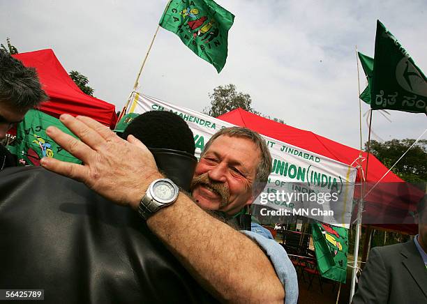 French militant farmer Jose Bove joins the demonstration against the sixth World Trade Organisation Ministerial Conference on December 13, 2005 in...