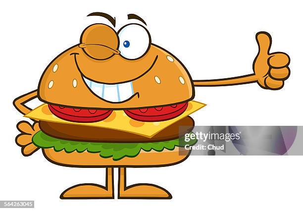 bildbanksillustrationer, clip art samt tecknat material och ikoner med winking hamburger character showing thumbs up - sesam