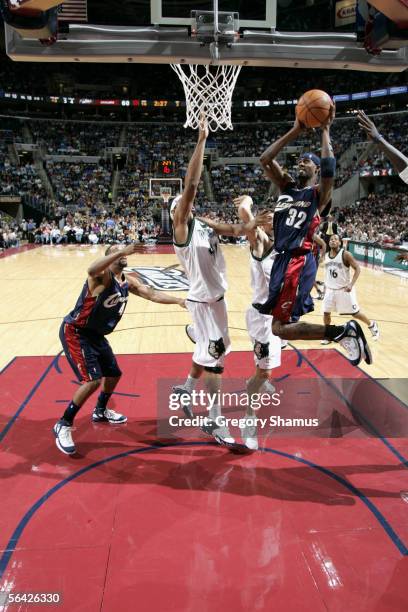 Larry Hughes of the Cleveland Cavaliers shoots against the Minnesota Timberwolves during the game at Quicken Loans Arena on November 26, 2005 in...