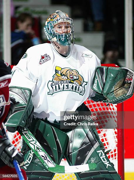 Goaltender Leland Irving of the Everett Silvertips eyes the play from his crease during their WHL game against the Vancouver Giants on October 28,...