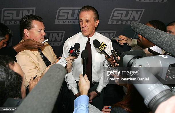 Miami Heat President Pat Riley, who assumed head coaching duties on December 12 following the resignation of Stan Van Gundy, meets with reporters...