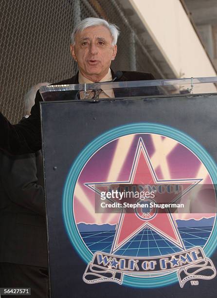 Actor Jamie Farr speaks at a ceremony honoring Wayne Rogers with a star on the Hollywood Walk of Fame December 13, 2005 in Hollywood, California.