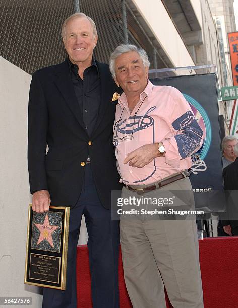 Actors Wayne Rogers and Peter Falk attend a ceremony honoring Rogers with a star on the Hollywood Walk of Fame December 13, 2005 in Hollywood,...