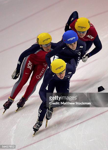 Kristen Biondo leads Kimberly Derrick, Carly Wilson and Kira Fling during the 1500 meter semi-finals to begin the US Short Track Speedskating...