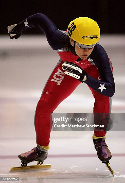 Carly Wilson competes at the start of the 500 meter heats to begin the US Short Track Speedskating Championships on December 13, 2005 at the Berry...