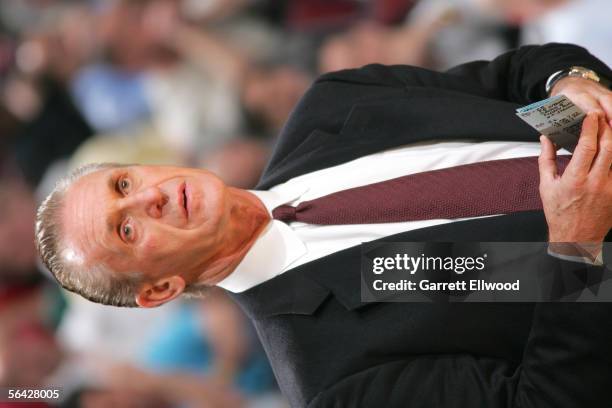 Head coach Pat Riley of the Miami Heat stands during the game against the Chicago Bulls on December 13, 2005 at the United Center in Chicago,...