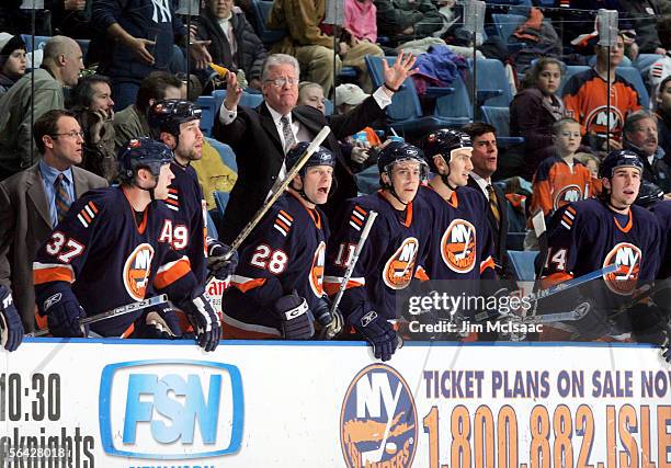 Head coach Steve Stirling of the New York Islanders complains to the referee during their game against the Minnesota Wild on December 13, 2005 at...