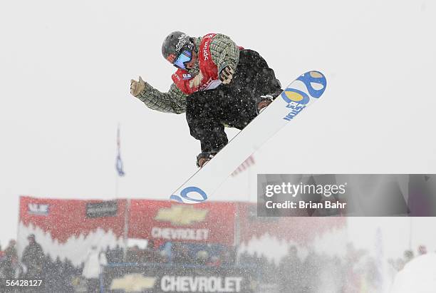 Mason Aguirre works his way down the halfpipe during men's qualifying for the first round of the Chevrolet U.S. Snowboard Grand Prix on December 13,...