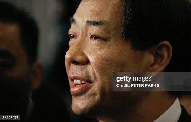 Chinese Commerce Minister Bo Xilai speaks to the media after addressing the World Trade Organization meetings in Hong Kong 14 December 2005. China...