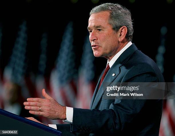 President George W. Bush speaks at the non-partisan Woodrow Wilson International Center December 14, 2005 in Washington, DC. Bush defended his...