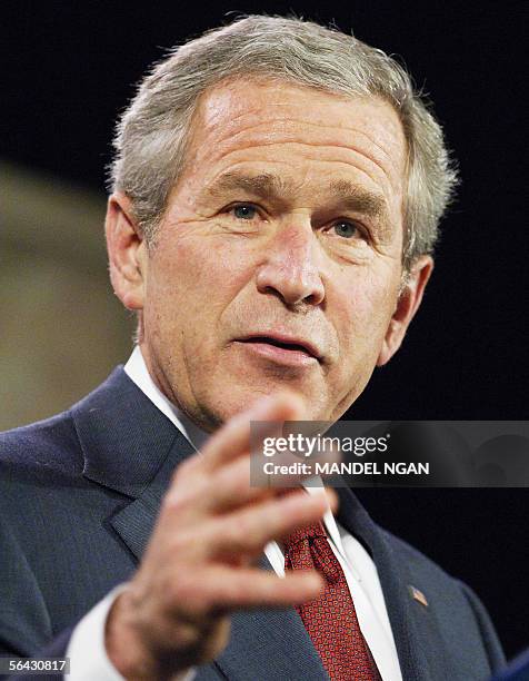 Washington, UNITED STATES: US President George W. Bush speaks during an address at the Woodrow Wilson Center 14 December 2005 in Washington, DC. Bush...