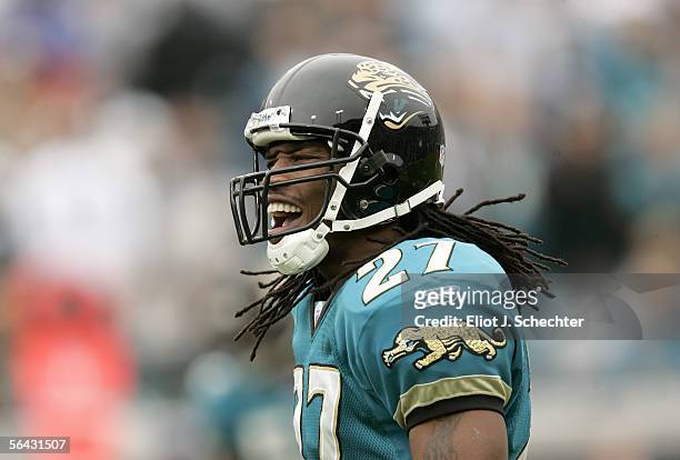 Rashean Mathis of the Jacksonville Jaguars yells during their NFL game against the Indianapolis Colts on December 11, 2005 at Alltel Stadium in...