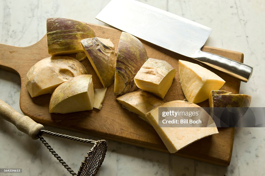 Turnip chopped on cutting board