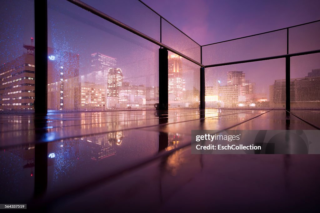 Rain falling down on elevated terrace in Osaka