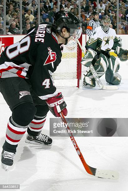 Daniel Briere of the Buffalo Sabres looks to make a play with Marty Turco of the Dallas Stars guarding the net on December 14, 2005 at HSBC Arena in...