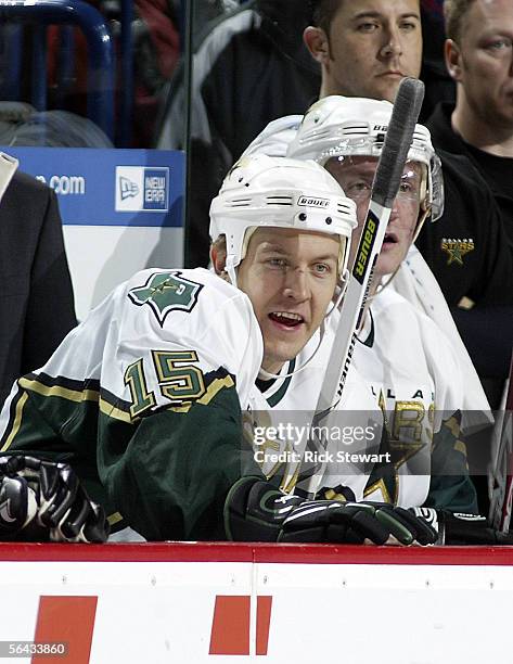 Niklas Hagman of the Dallas Stars watches play from the bench against the Buffalo Sabres on December 14, 2005 at HSBC Arena in Buffalo, New York.