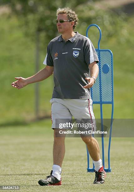 Ernie Merrick coach of the Victory during the Melbourne Victory training session at Melbourne Grammar Oval December 15, 2005 in Melbourne, Australia.