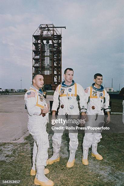 American astronauts and crew of the Apollo 1 mission, Command pilot Gus Grissom, pilot Edward Higgins White and pilot Roger B Chaffee pose together...
