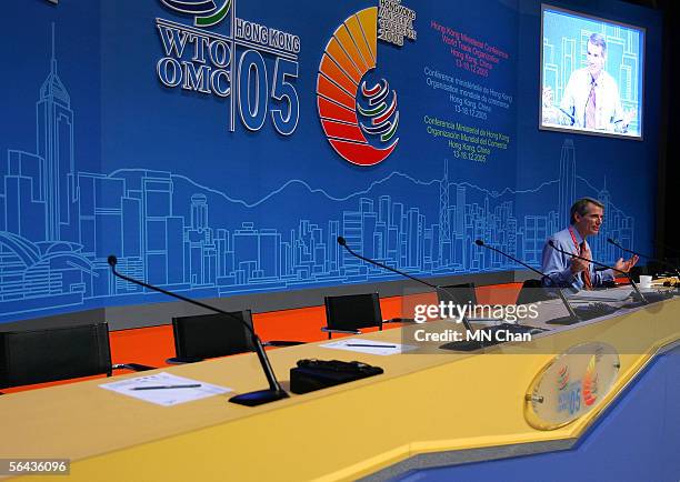 Trade Representative Rob Portman gestures during day three of the sixth World Trade Economic Ministerial Conference on December 15, 2005 in Hong...